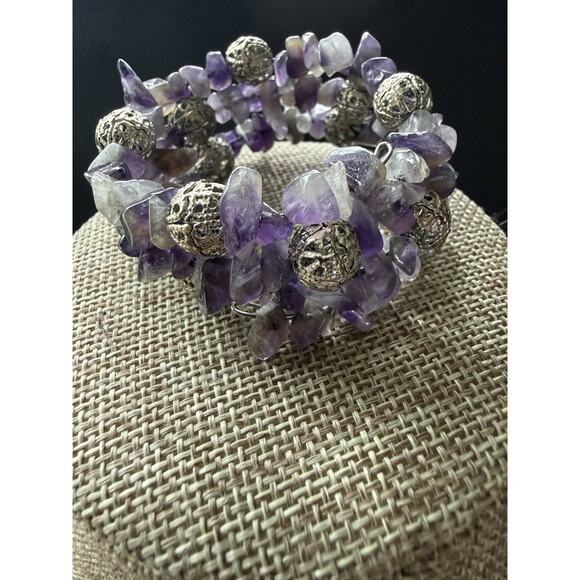 Unbranded Jewelry - Amethyst Chip Gemstone Stretch Bracelet Purple Wide Boho Festival Statement